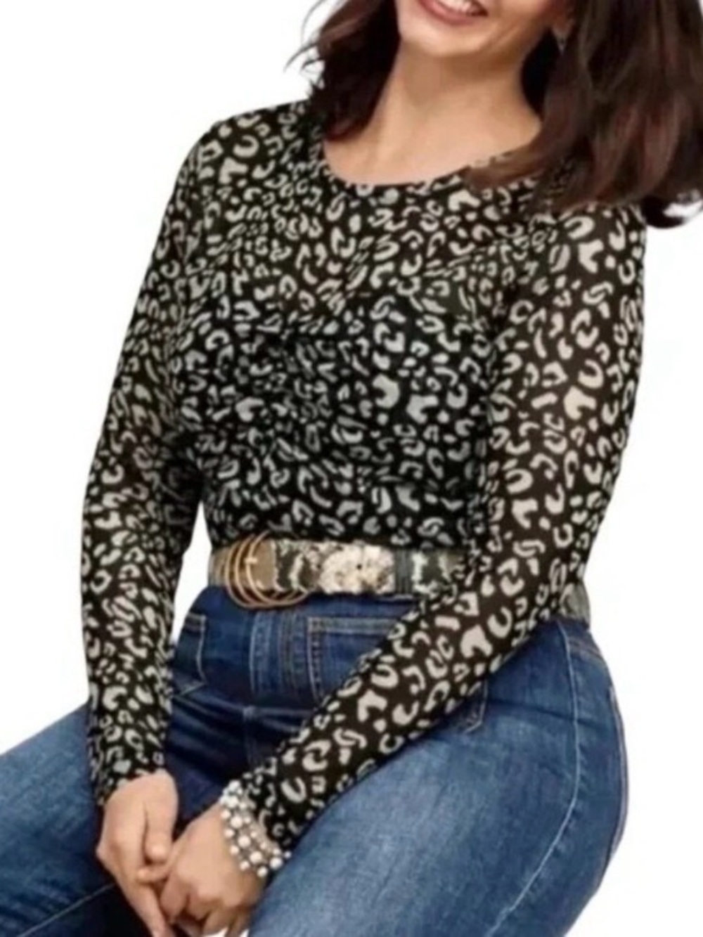 Cabi | Tan/Black Leopard Print Mesh Sweetheart Blouse Top #4163 Sz Medium